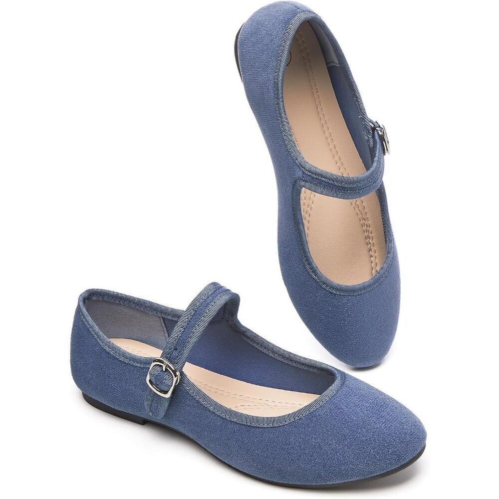 Babudog Womens Blue Faux Suede Rounded Toe Ankle Strap With Buckle Flats